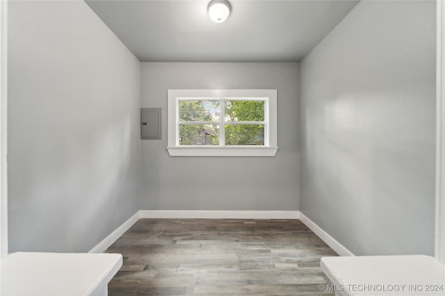 unfurnished room featuring electric panel and wood-type flooring