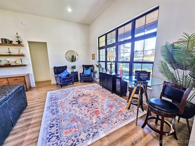 interior space featuring a high ceiling and light wood-type flooring