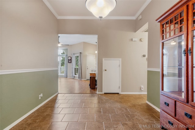 hallway featuring ornamental molding