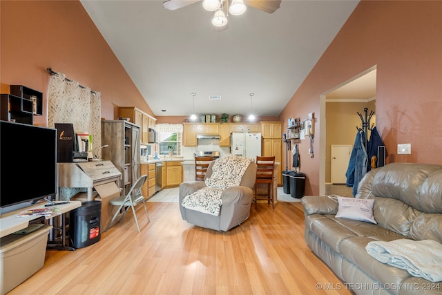 living room featuring sink, high vaulted ceiling, ceiling fan, crown molding, and light hardwood / wood-style flooring