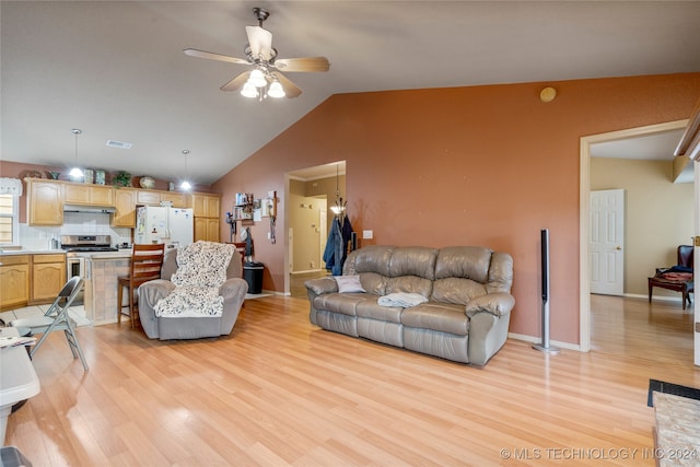 living room featuring light wood-type flooring, lofted ceiling, and ceiling fan