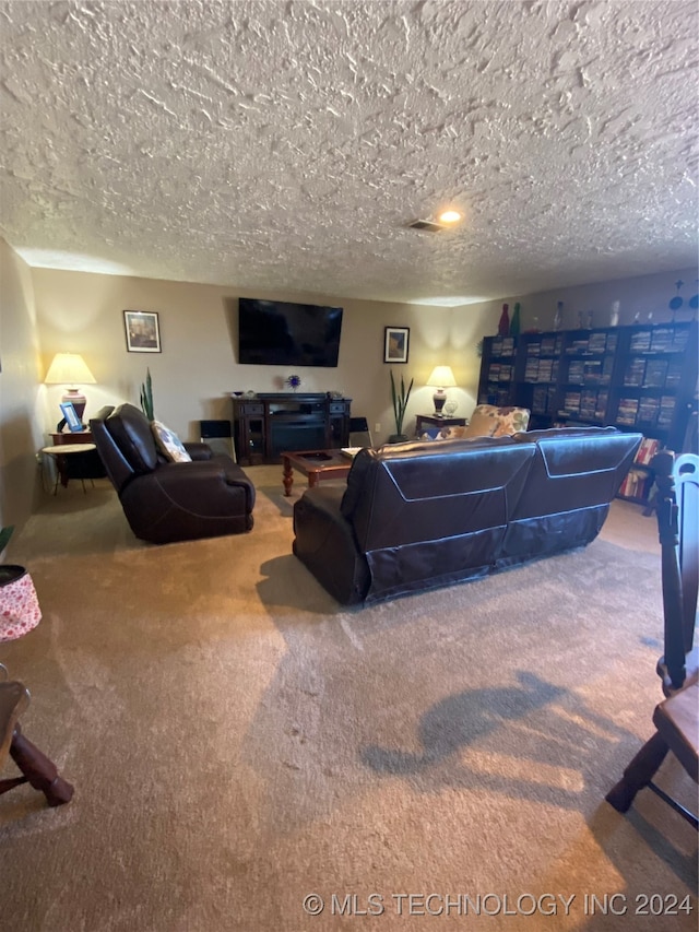 living room featuring carpet floors and a textured ceiling