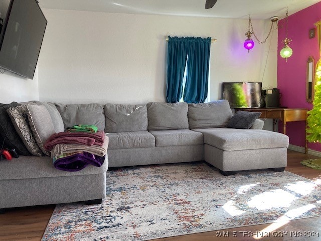 living room featuring ceiling fan and hardwood / wood-style flooring