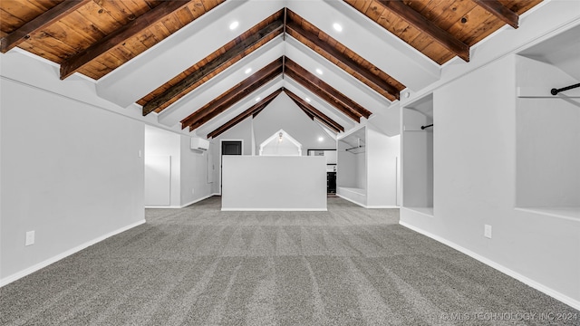 unfurnished living room featuring lofted ceiling with beams, carpet, wood ceiling, and a wall mounted AC