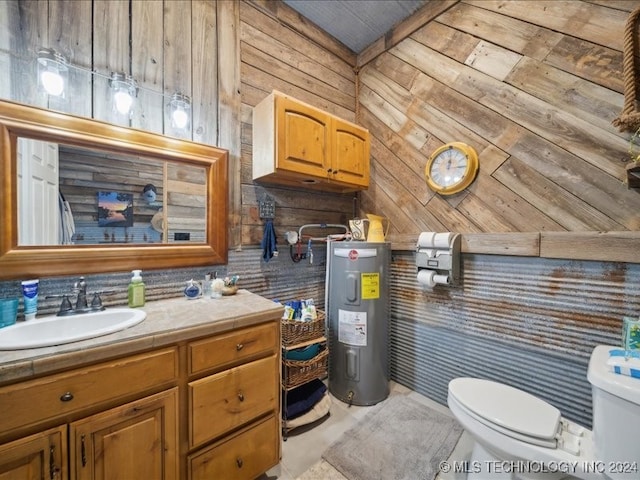 bathroom with toilet, decorative backsplash, water heater, wood walls, and vanity