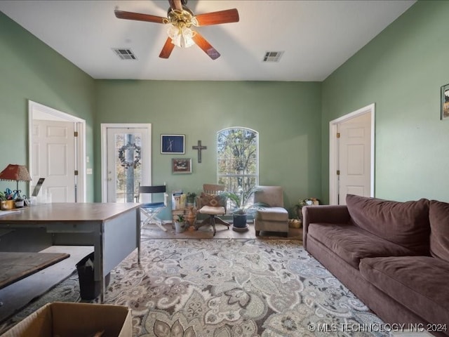 living room with ceiling fan