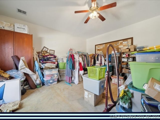 storage room featuring ceiling fan