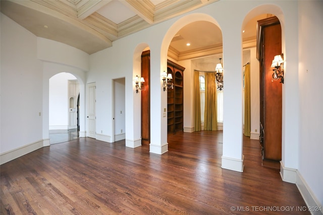 8403 S Allegheny Ave, Tulsa, OK 74137 - spare room with dark wood-style flooring, crown molding, beam ceiling, coffered ceiling, and baseboards