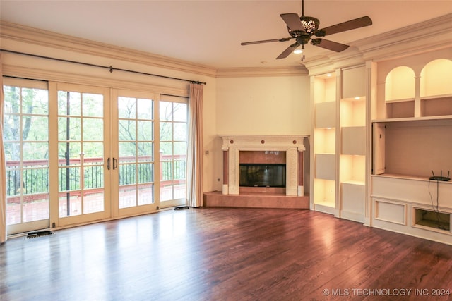 8403 S Allegheny Ave, Tulsa, OK 74137 - unfurnished living room featuring wood finished floors, ceiling fan, a premium fireplace, crown molding, and french doors