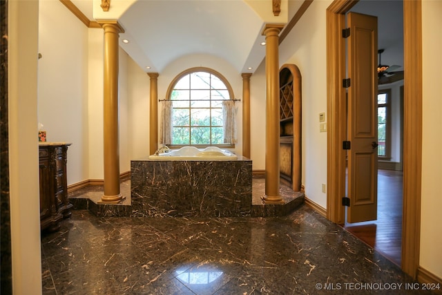 8403 S Allegheny Ave, Tulsa, OK 74137 - full bathroom featuring marble tiled flooring, ornate columns, baseboards, a garden tub, and recessed lighting
