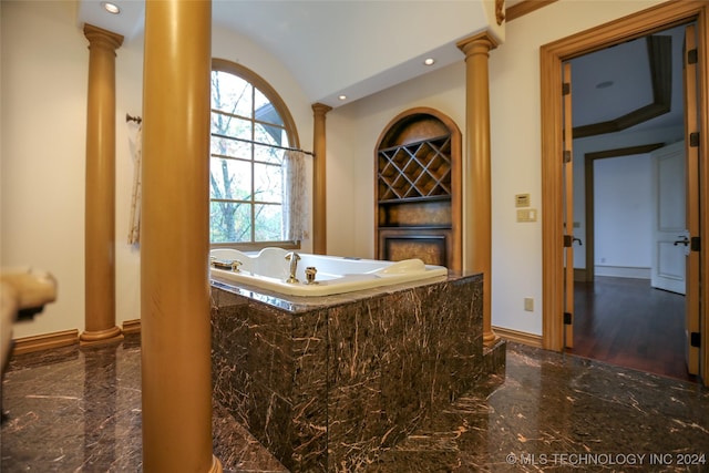 8403 S Allegheny Ave, Tulsa, OK 74137 - full bathroom with marble tiled floors, baseboards, a bath, ornate columns, and recessed lighting
