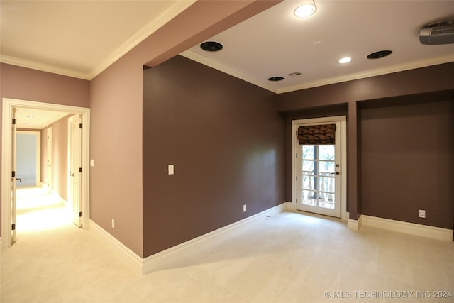 8403 S Allegheny Ave, Tulsa, OK 74137 - spare room featuring crown molding, light colored carpet, baseboards, and recessed lighting