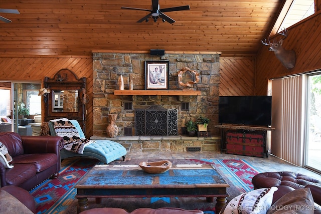 living room featuring a fireplace, high vaulted ceiling, wood walls, wooden ceiling, and ceiling fan