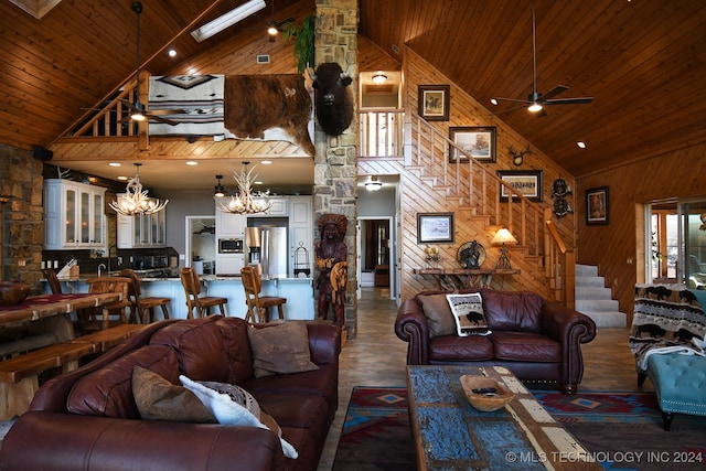 living room featuring high vaulted ceiling, wooden walls, wooden ceiling, and a healthy amount of sunlight