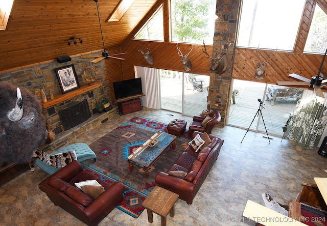 living room featuring high vaulted ceiling, wooden walls, ceiling fan, and wooden ceiling