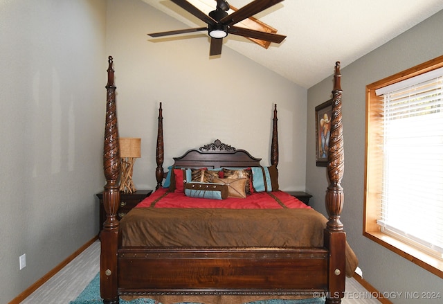 bedroom featuring ceiling fan and lofted ceiling