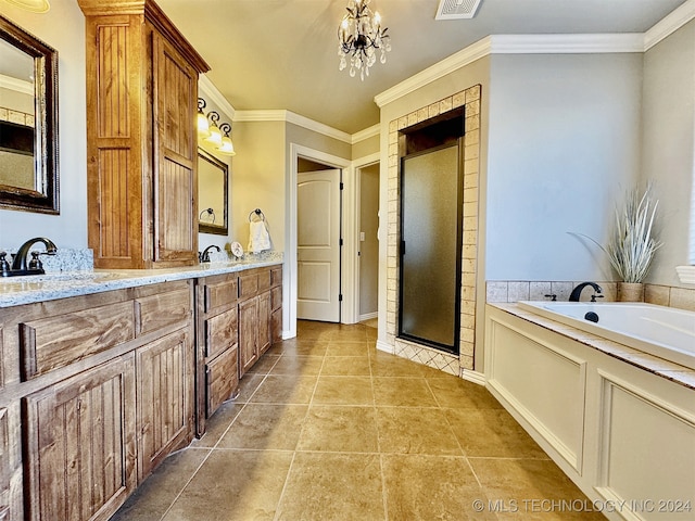 bathroom with vanity, separate shower and tub, a notable chandelier, crown molding, and tile patterned floors