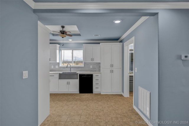 kitchen featuring sink, ornamental molding, white cabinets, decorative backsplash, and black dishwasher