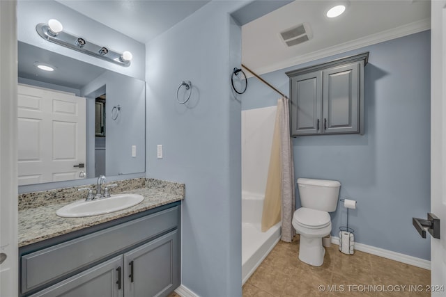 bathroom featuring curtained shower, vanity, crown molding, tile patterned floors, and toilet