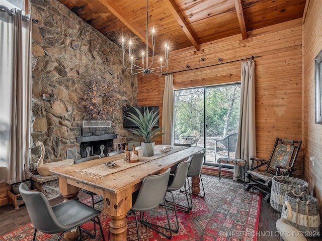 dining room featuring dark wood-style flooring, wood walls, wood ceiling, and an inviting chandelier