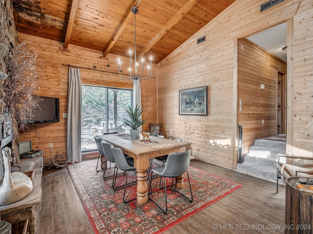 dining space featuring wooden ceiling, wood walls, beamed ceiling, and an inviting chandelier