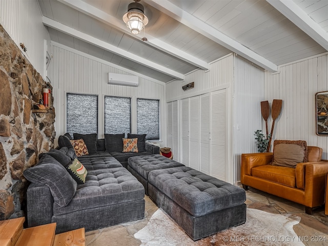 living room featuring lofted ceiling with beams, a wall unit AC, and wood walls