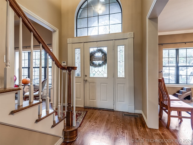 foyer entrance featuring a wealth of natural light, wood-type flooring, and crown molding