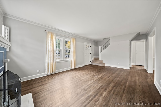 unfurnished living room with ornamental molding and dark wood-type flooring