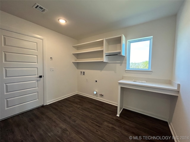 laundry area featuring dark hardwood / wood-style flooring, hookup for a washing machine, hookup for a gas dryer, and hookup for an electric dryer