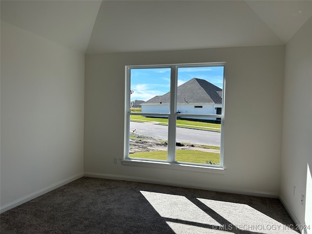 carpeted empty room featuring lofted ceiling