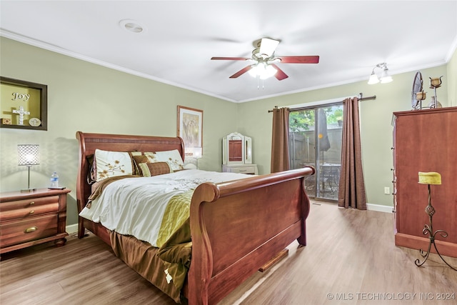 bedroom with ornamental molding, access to outside, ceiling fan, and light hardwood / wood-style floors