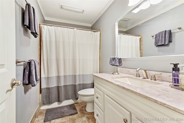 bathroom featuring toilet, a shower with curtain, vanity, and crown molding