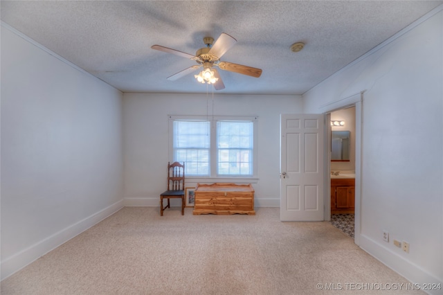 unfurnished room featuring sink, ceiling fan, light colored carpet, and a textured ceiling