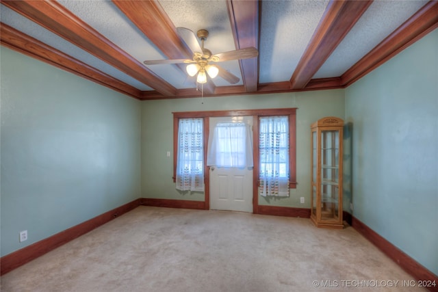 interior space with light carpet, crown molding, and a textured ceiling