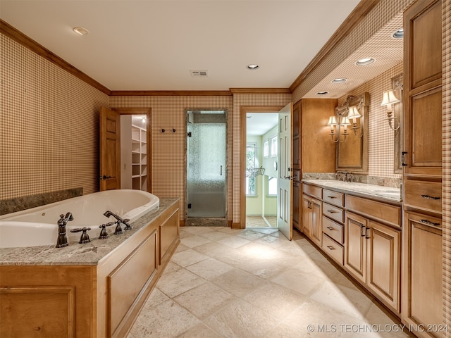 bathroom featuring vanity, crown molding, and plus walk in shower