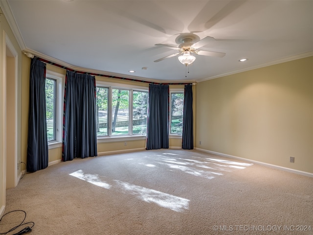 spare room featuring ceiling fan, ornamental molding, and light carpet