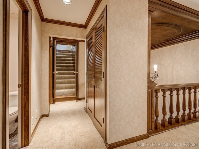 hall featuring light carpet and ornamental molding