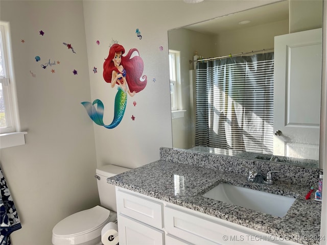 bathroom featuring vanity, a shower with shower curtain, and toilet