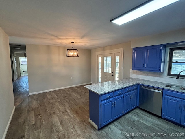 kitchen with blue cabinetry, kitchen peninsula, sink, and stainless steel dishwasher