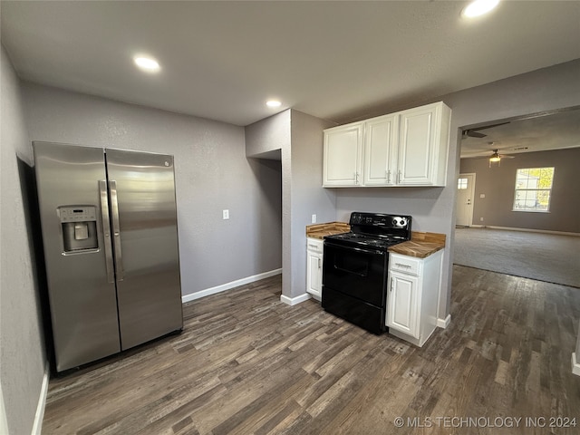 kitchen with butcher block counters, white cabinets, stainless steel refrigerator with ice dispenser, black range with electric cooktop, and ceiling fan