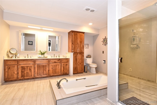 full bathroom with vanity, separate shower and tub, toilet, and crown molding