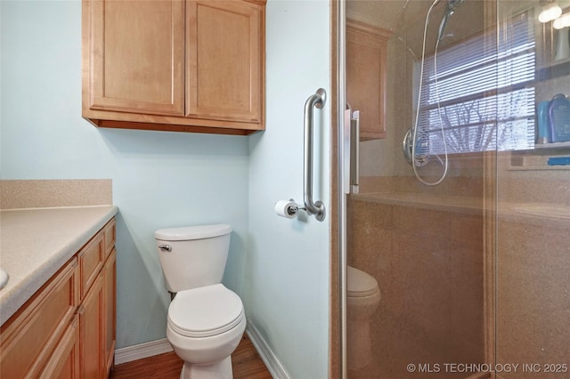 bathroom featuring toilet, vanity, wood-type flooring, and a shower with shower door