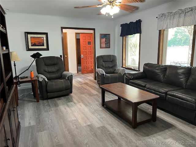 living room featuring ceiling fan, light hardwood / wood-style flooring, and ornamental molding