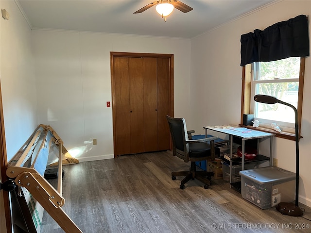 office with dark wood-type flooring, ceiling fan, and crown molding