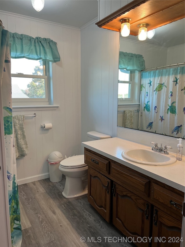 bathroom with vanity, wood-type flooring, a healthy amount of sunlight, and crown molding