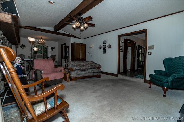 living room with carpet flooring, ceiling fan with notable chandelier, a textured ceiling, and vaulted ceiling with beams