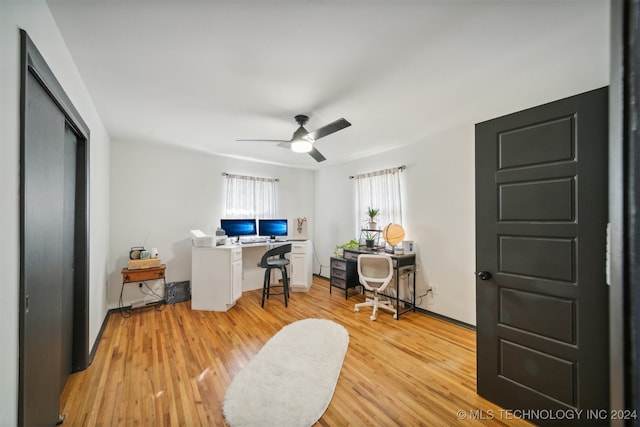 office area with ceiling fan and light hardwood / wood-style floors