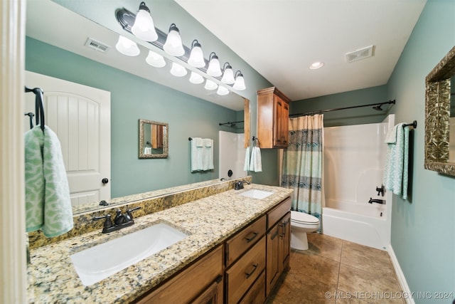 full bathroom featuring vanity, toilet, shower / tub combo, and tile patterned floors