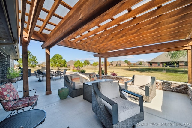 view of patio / terrace with an outdoor hangout area and a pergola