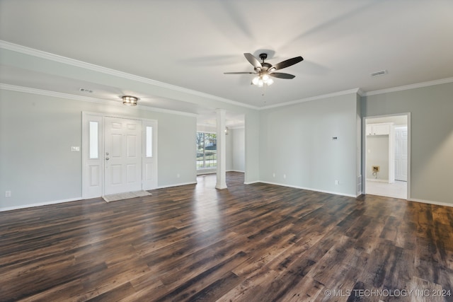 unfurnished living room with ceiling fan, ornate columns, crown molding, and dark wood-type flooring